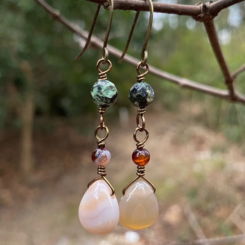 African Turquoise and Dream Agate Dangle Earrings - Picture 5 of 6